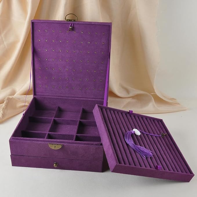 Jewelry Organizer 5 Layers Velvet Square Jewelry Box Women Necklace Ear studs Display Bangles Large Jewelry Storage Case Drawer GY306 (purple)