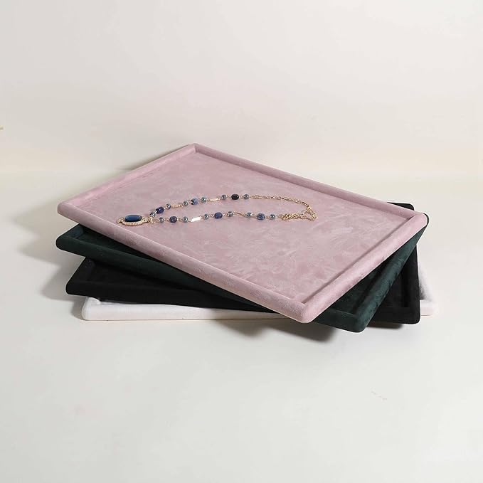 Rectangle Jewelry storage organizer plate, Velvet Jewerly display tray, Empty showcase tray for Necklace Bracelet Ring Earring【Pink-Large, 17.7 x 11.8 in 】