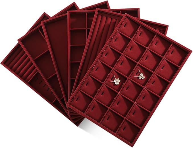 Linen 24 Grid Stackable Rings Earrings Display Tray, Brooch Ear Stud Cufflinks StorageTray, Jeweler Shop Counter Showcase Table Top Organizers, Makeup Table Drawer Insert Jewelry Tray