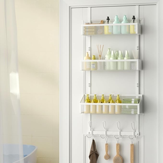 Over The Door Shower Caddy, Over The Door Hook Organizer with 12 Hooks & 3 Mesh Baskets – Space-Saving Towel Rack & Storage Hanger for Bathroom, Kitchen, Bedroom, No Drill Door Hooks, White