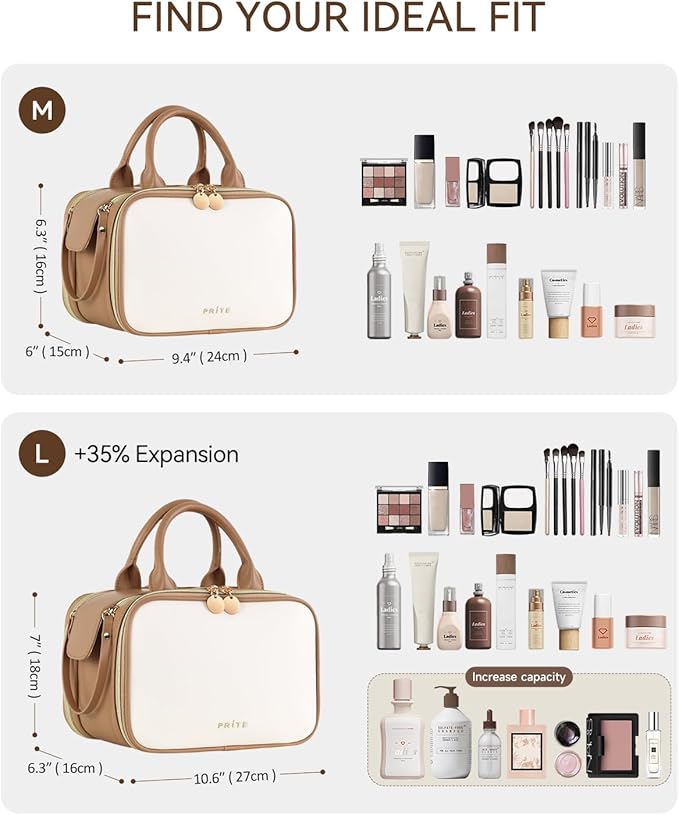 Prite Travel Makeup Bag Women’s Large Capacity Waterproof Cosmetic Organizer Portable Open Flat Toiletry Case with Free-standing Brush Holder and Handle(Beige Brown Large)