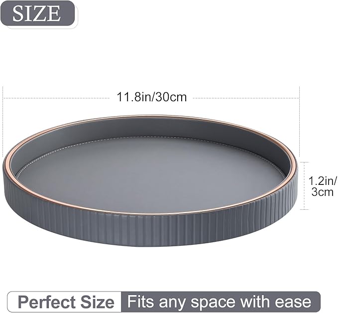 GORESE 12" Round Coffee Table Tray for Home Decor, PU Leather Decorative Serving Tray for Home & Entryway Tables, Perfume and Jewelry Tray for Dresser & Nightstand, Gray