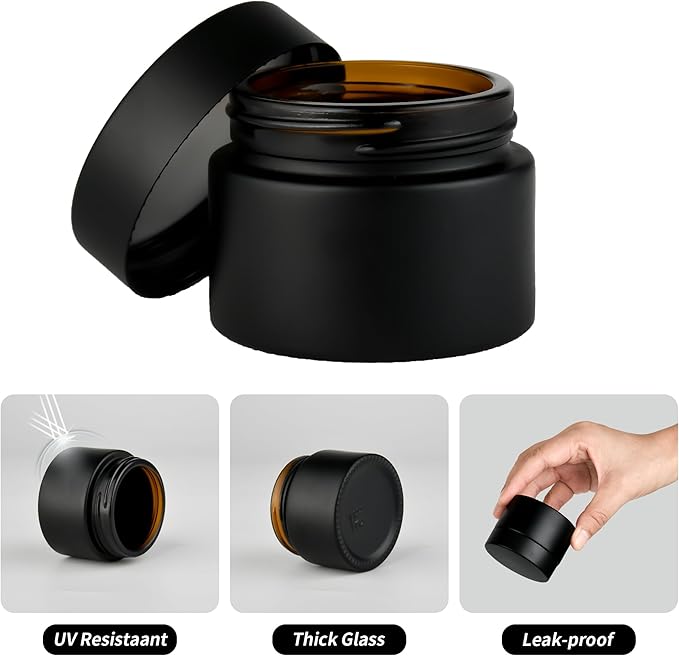 2 oz Reusable Black Glass Container Jars 24 Pack with Wide-mouth Leak Proof Cap and Inner Pull-On Lid for Travel Storage Makeup, Face Creams, Body Lotions, DIY Crafts or Others