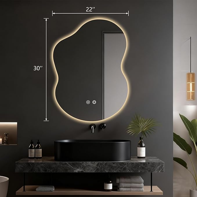 Asymmetrical Lighted Mirror for Bathroom,Modern LED Vanity Mirror with Backlit,Fog-Free,Tri-Color Dimmable Lighting with Memory Function,Hardwire Ready [Horizontal/Vertical] 30" H x 22" W