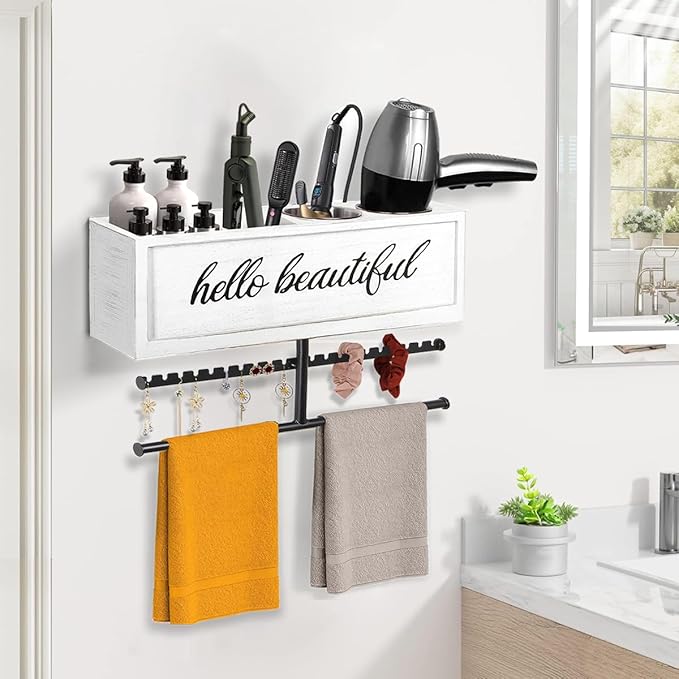 Rustic Hair Dryer Holder Wall Mounted,Hair Styling Tools & Accessories Organizer,Bathroom Supplies & hot Tools vanities Organizer Caddy,for Storage Flat Iron,Blow Dryer,Curling Iron (White)
