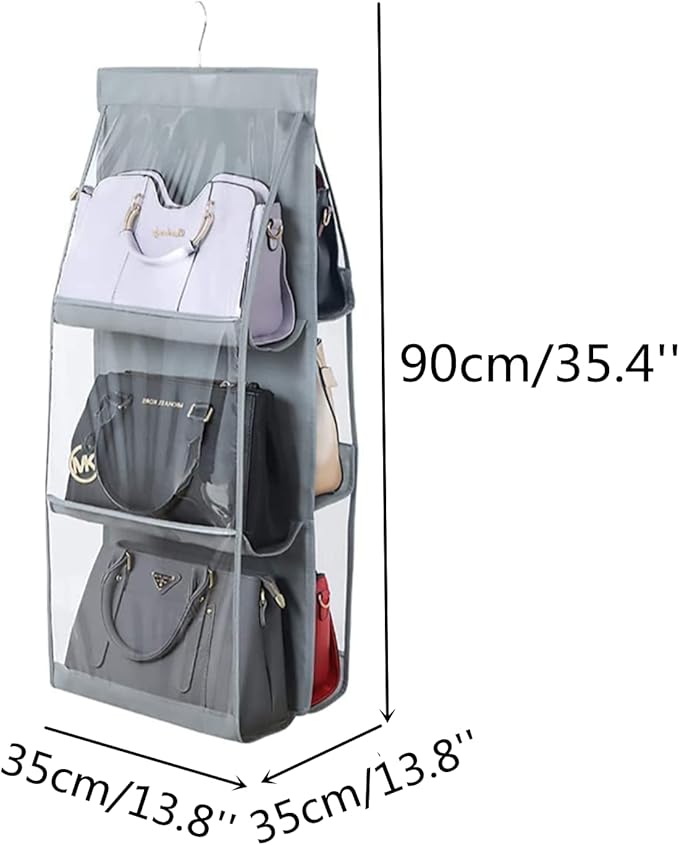 HAN SHENG 6 Pockets Clear Handbag & Purse Organizer Hanging Bag Storage - Space Saving Hanging Shelf for Closet, Wardrobe, Over Door (1 Pack, Grey)