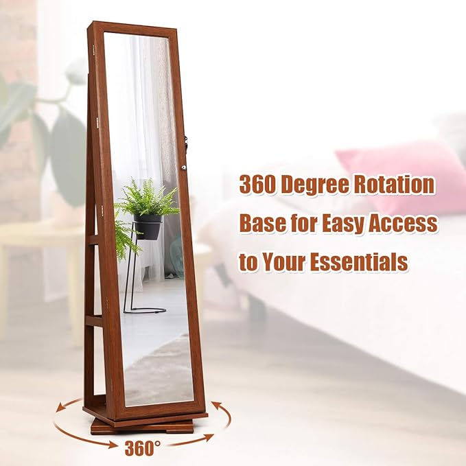 CHARMAID 360° Swivel Jewelry Armoire with Higher Full Length Mirror, Standing Lockable Jewelry Cabinet Organizer with Large Storage Capacity, Inside Makeup Mirror, Back Storage Shelves (Walnut)