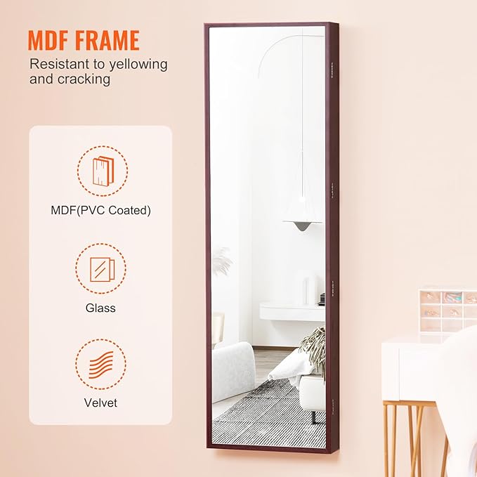 VEVOR Mirror Jewelry Cabinet, 47.2-Inch Tall Lockable Jewelry Armoire with Full-Length Mirror, Wall/Door Mounted Organizer with LED Lights and Velvet Lining, Brown