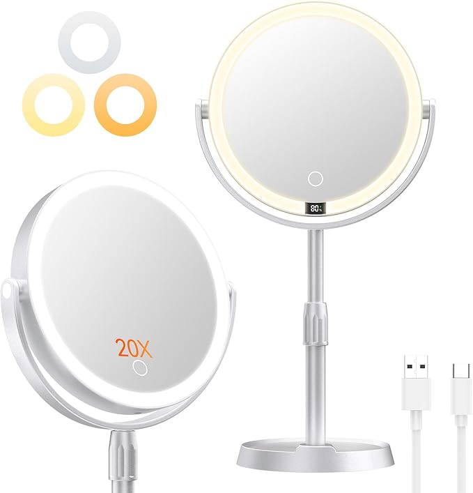 Gospire 8” Lighted Makeup Mirror with Lights and Magnification, 20X Magnifying Mirror with Light for Makeup Desk, Height Adjustable and Digital Display, Shaving Mirror for Bathroom, Gifts for Women