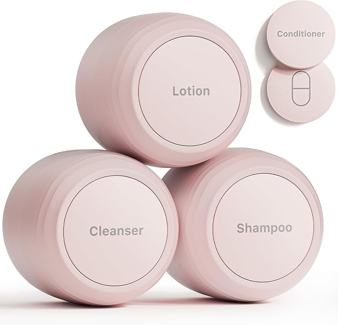 New Travel Toiletry Containers [Ultra Leakproof] TSA-Approved, PLA Hard Shell Jars with 5 Magnetic Labels, Wide Mouth Bottles for Lotion, Cleanser, Shampoo, Conditioner, Pink, 3 Pack, 1OZ