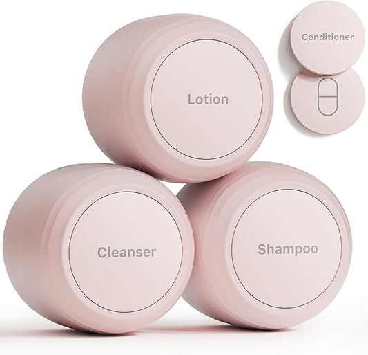 New Travel Toiletry Containers [Ultra Leakproof] TSA-Approved, PLA Hard Shell Jars with 5 Magnetic Labels, Wide Mouth Bottles for Lotion, Cleanser, Shampoo, Conditioner, Pink, 3 Pack, 1OZ