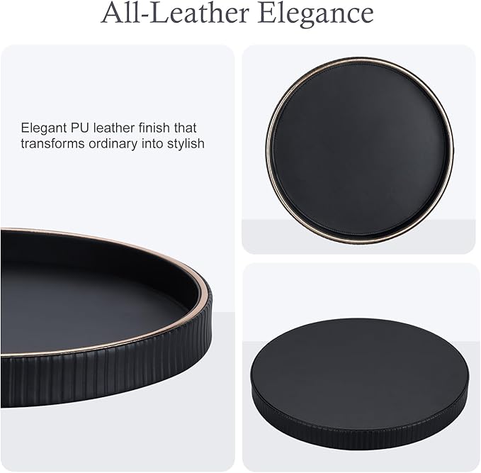 GORESE 12" Decorative Tray for Home Decor, Round PU Leather Coffee Table Tray Table Centerpiece for Living Room, Dresser, Vanity, Valet Tray Nightstand Organizer for Trinket Perfume Key, Black