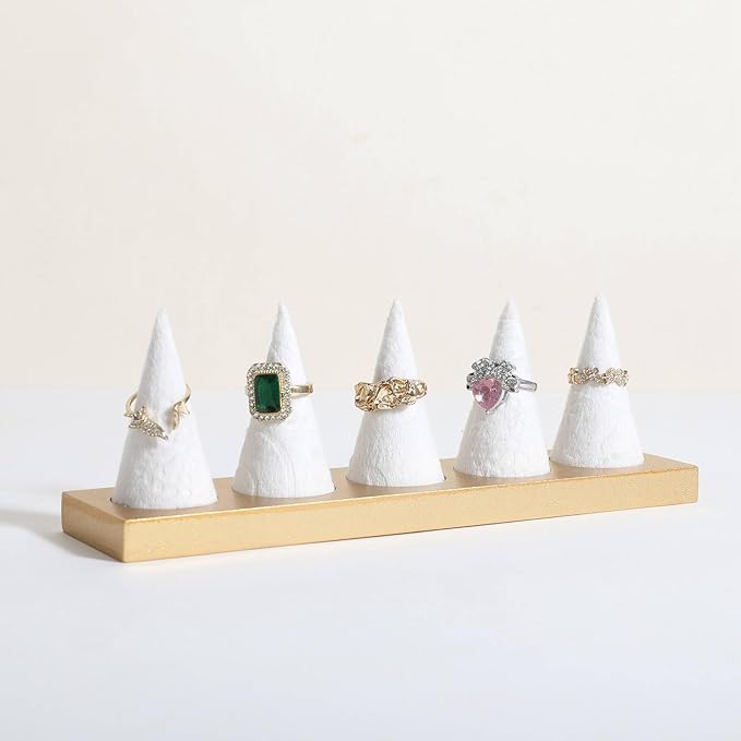GemeShou Jewelry ring display holder for selling, velvet ring cone display stand, cute cone shaped ring holder with golden coated base,Large jewelry ring storage organizer【Ring holder-white 5 cone】