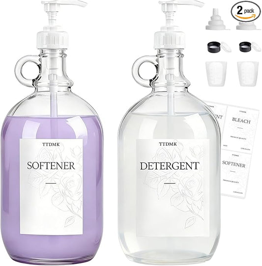2 Pcs Glass Liquid Laundry Detergent Dispenser, Half Gallon Laundry Soap Dispenser for Laundry Room (64 oz. Each), Laundry Detergent Bottles with Pump Dispenser -Includes Labels, Funnel, Measuring Cup