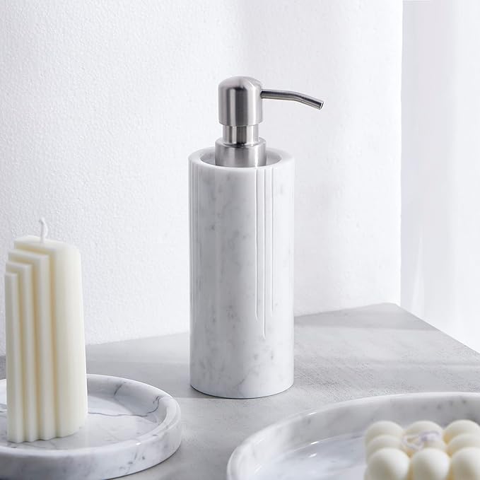 Luxurious White Marble Soap Pump Dispenser for Countertop, Bathroom & Kitchen, Hand or Dish Liquid Soap/Lotion 304 Steel Pump Bottle, Italy Carrara, Vanity