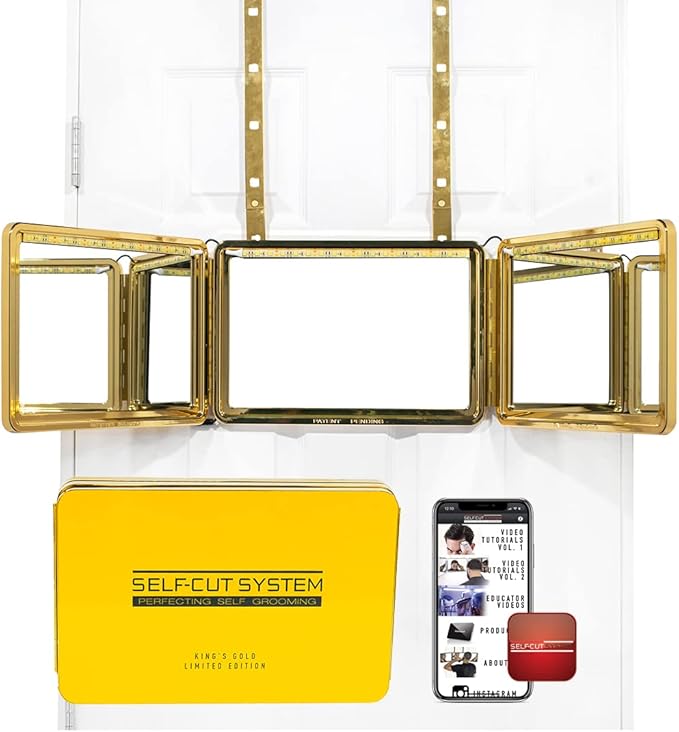 Self-Cut System Gold Plated 3 Way Mirror with Lights for Self Hair Cutting, Trifold Barber Mirror with Height Adjustable Hooks, 360 View, Includes Free Educational Mobile App (King’s Gold)