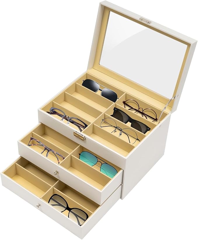 Sunglasses Organizer, Sunglasses Storage Organizer, Eyeglasses Storage Glass Top Lockable Case Organizer Eyeglasses Display Box for Women Men (Black)