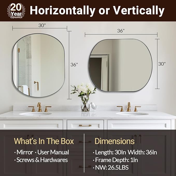 ANDY STAR 30x36'' Oval Mirror, Chrome Oval Mirror Pill-Shaped Design in Stainless Steel Metal Frame for Bathroom, Entryway, Living Room, Contemporary 1" Deep Wall Mount Vertical or Horizontal