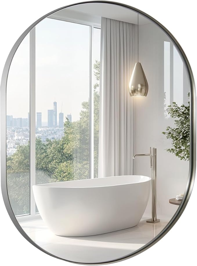 ANDY STAR 30x36'' Oval Mirror, Chrome Oval Mirror Pill-Shaped Design in Stainless Steel Metal Frame for Bathroom, Entryway, Living Room, Contemporary 1" Deep Wall Mount Vertical or Horizontal