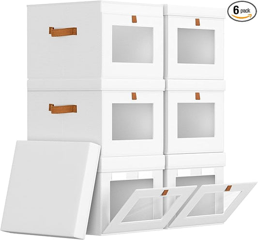 Storage Bins with Lid – Closet Organizer with Side Opening and Clear Window, Foldable Stackable Fabric Basket for Clothes, Home, Office - 13.77" x 11.8" x 9.8", 6 Pack, White