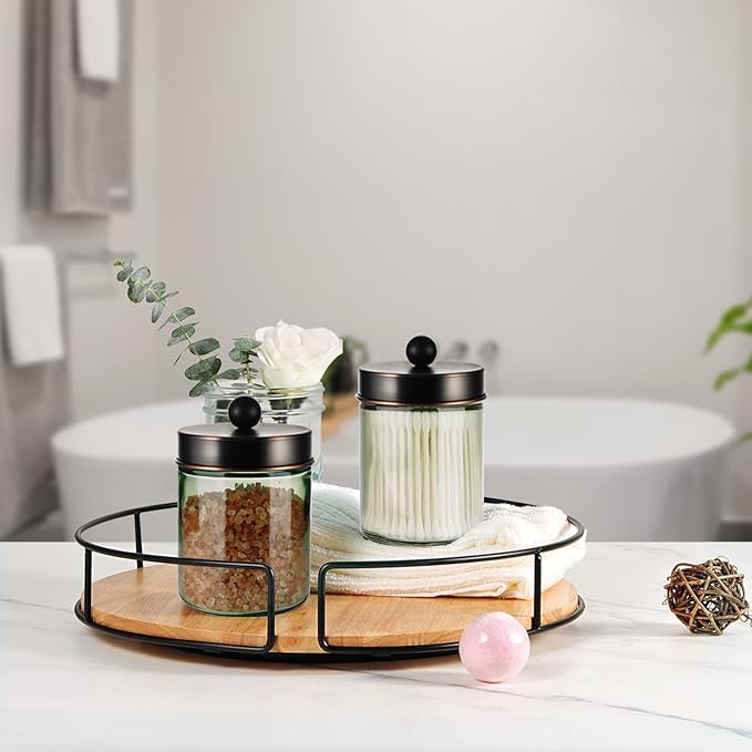 Amolliar Sage Green Apothecary Glass Jar With Metal Lid & Stickers, Bathroom Qtip Holder Storage Canister, Farmhouse Decor for Cotton Balls, Cotton Swabs, Makeup Pads, Bath Salt, Floss,ORB 1 Pack