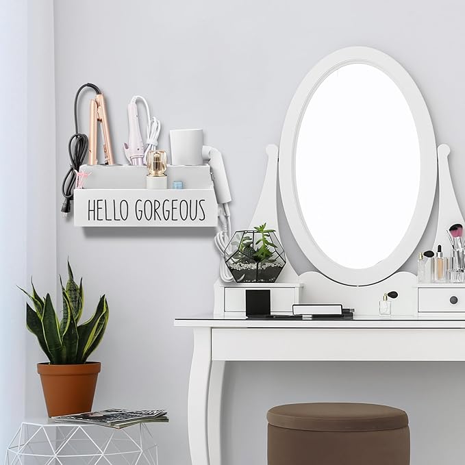 Bivvclaz Hair Tool Organizer, Wooden Hair Dryer Holder Countertop, Wall Mount Hot Tools Organizer for Hair Styling Accessories, Bathroom Supplies Vanity Caddy for Curling Wand, Blow Dryer, White