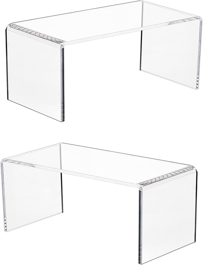 Jusalpha 2 PC Clear Acrylic Risers, Acrylic Display Risers Shelf Showcase Fixtures for Jewelry, Display Stand for Amiibo Funko POP Figures, Cupcakes, Food Display, Cabinet- (8''x 4''x 4.5'', 2 sets)