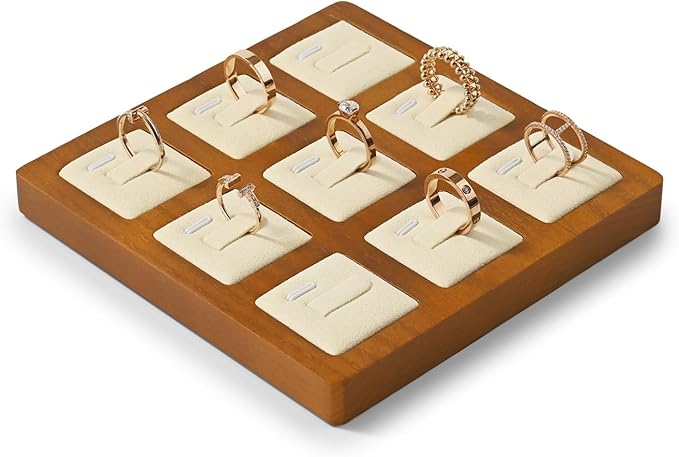 Oirlv Solid Wood Ring Display Stand Showcase Ring Display Organizer Tray 9 Bits Jewelry Holder(Creamy-white)