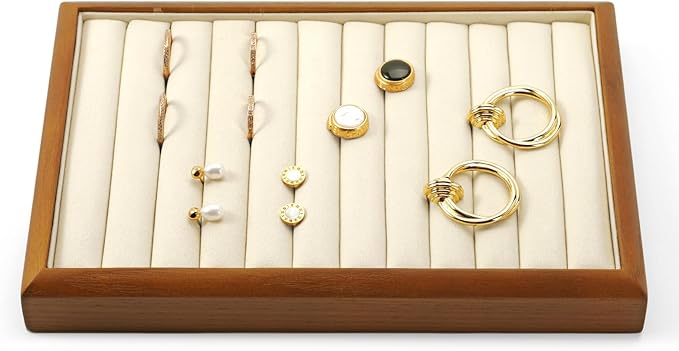 Solid Wood Jewelry Ring Display Tray Jewelry Drawer Organizer Showcase Display Organizer Tray for Rings Stud Earrings(Beige)