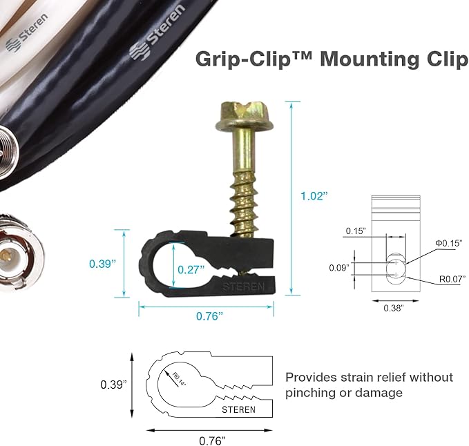 STEREN Coaxial Cable Clips - Cable Holder - Siding Clips for Hanging - Cord Holder for Desk - Cable Clamps - Cord Clip - Wire Organizer Clips - Tv Mount Screws (Black, 200 Count - Single Screw)