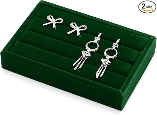 Oirlv 3 Slots Velvet Small Ring Organizer Earrings Trays Showcase Display Storage Insert Holder for Jewelry Box, Drawer, Dresser(Green,M)