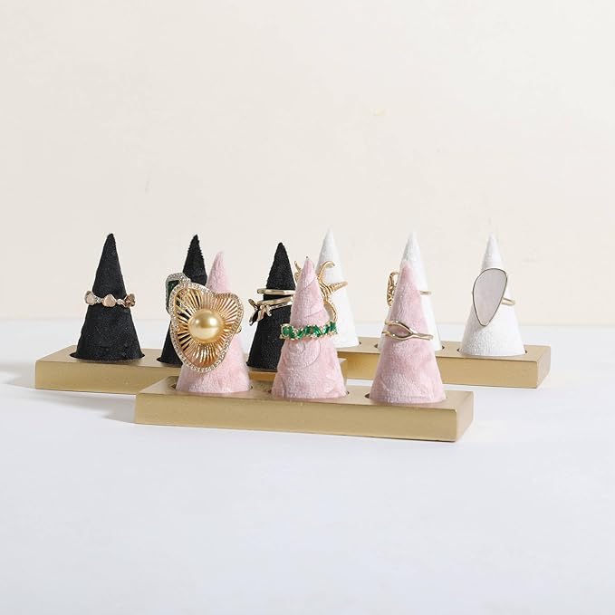 GemeShou pink jewelry ring display holder for selling, velvet ring cone display stand, cute cone shaped ring holder with golden coated base,Small jewelry ring storage organizer【Ring holder-pink】