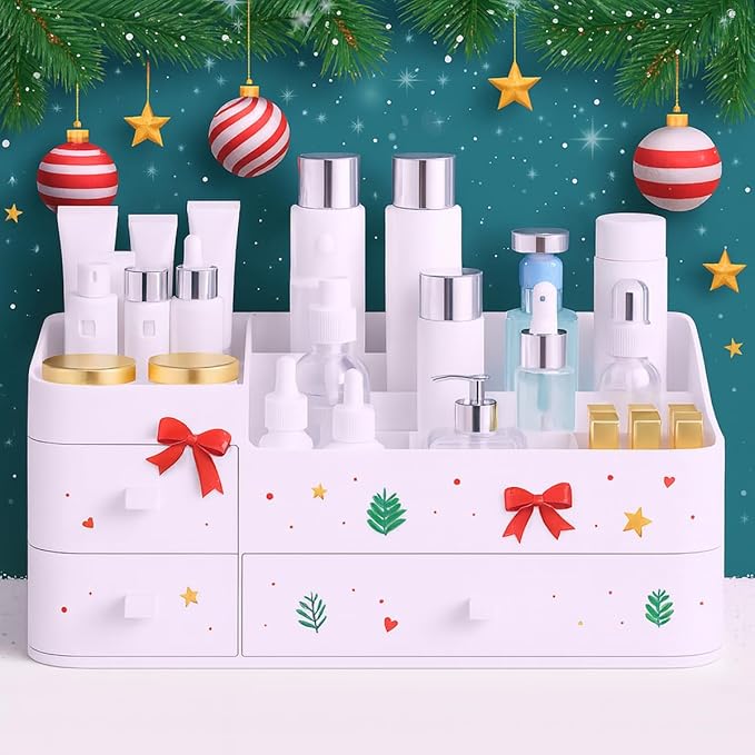 Makeup Organizer for Vanity – Large Cosmetic Storage Box with Drawers & Compartments for Brushes, Lipsticks, and Skincare – Bathroom Countertop Organizer for Women & Girls – Elegant White Design