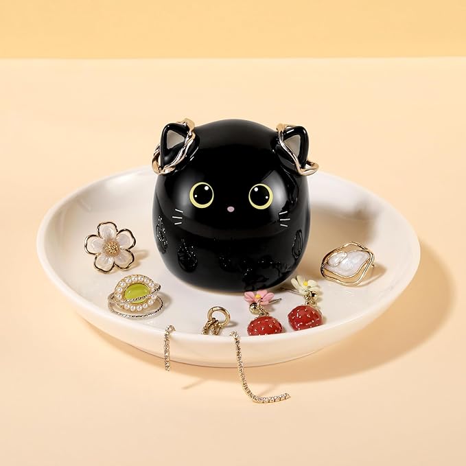 PUDDING CABIN Cat Lover Gifts for Women, Black Cat Ring Holder Dish for Jewelry Rings Earrings Necklace Watch Keys, Birthday Christmas Engagement Wedding Gifts