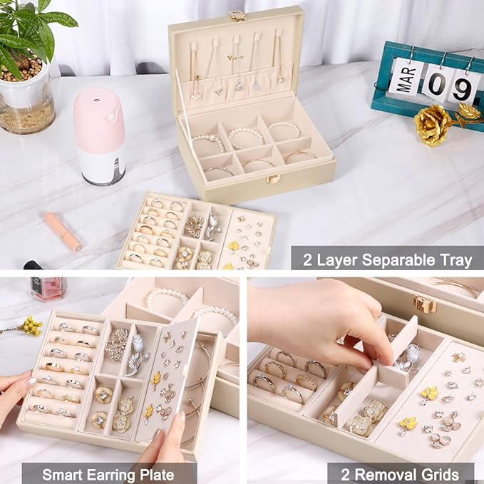 Voova Jewelry Box Organizer for Women Girls, 2 Layer Large Men Jewelry Storage Case, PU Leather Display Jewellery Holder with Removable Tray for Necklace Earrings Rings Bracelets, Vintage Gift,Apricot