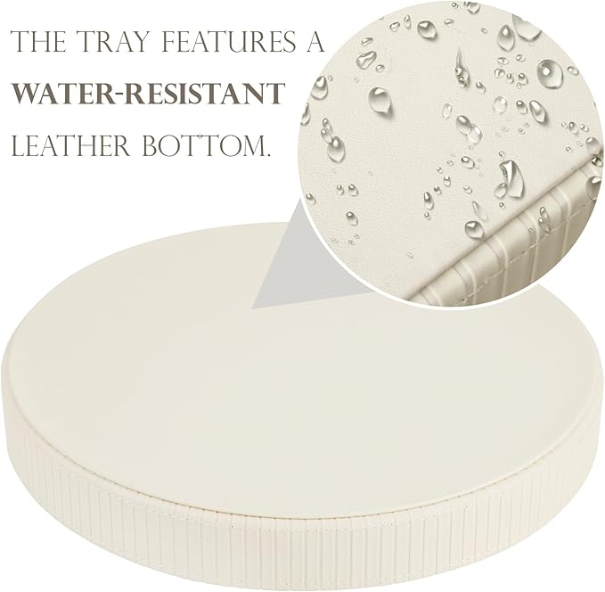 HofferRuffer Round Decorative Tray, Faux Leather Vanity Tray Decor, Decorative Catchall for Perfume, Bathroom Valet, Nightstand or Dresser (Creamwhite Stripe, Round-12" x 12" x 1.6")
