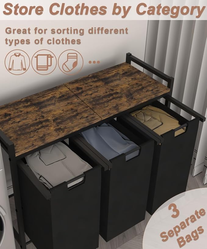 10 x 3 Gal Large Laundry Hamper with 3 Pull-Out & Removable Sorter Bags, Freestanding Clothes Basket Organizer for Clothing or Toys in Bathroom and Living Room, Rustic Brown and Black