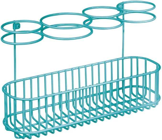 mDesign Metal Wire Cabinet/Wall Mount Hair Care & Styling Tool Organizer - Bathroom Storage Basket for Hair Dryer, Flat Iron, Curling Wand, Hair Straightener, Brushes - Holds Hot Tools - Teal/Blue