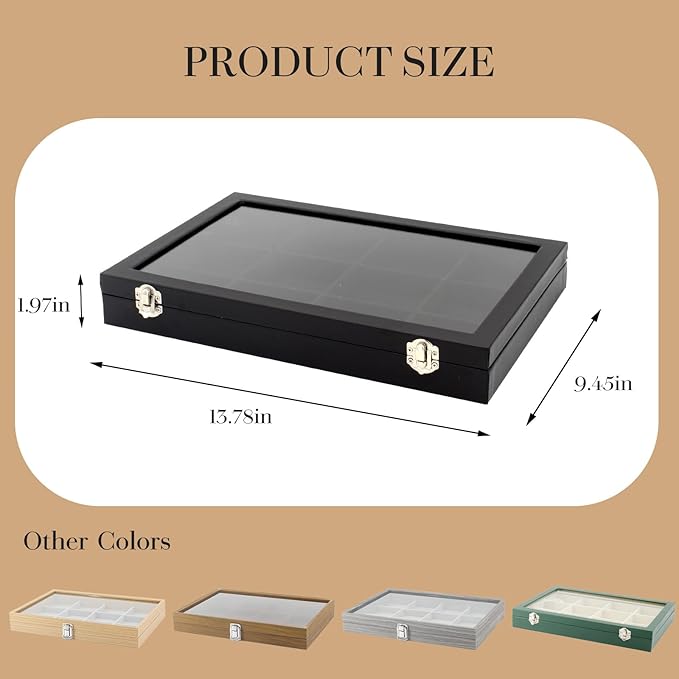 KOOAAICCHI Jewelry Tray Organizer with Clear Lid - 12 Grid Storage Display Case with Lock Earring Ring Organizer Showcase Gifts for Women-Black