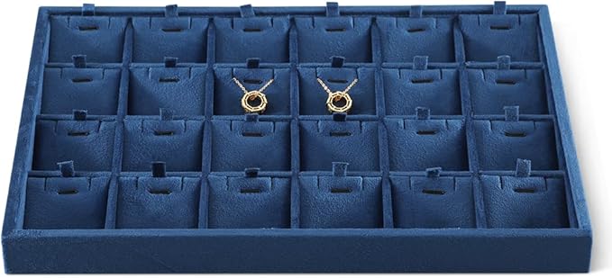 Velvet Necklace Display Tray, Stackable 24 Grid Insert Pendant Necklaces Storage Holder Plate, Jewelry Retail Countertop Organizer (Blue)