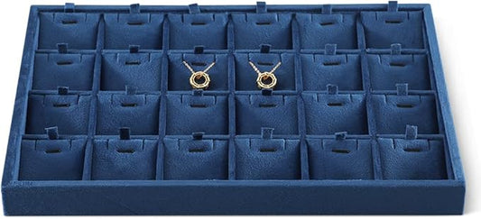 Velvet Necklace Display Tray, Stackable 24 Grid Insert Pendant Necklaces Storage Holder Plate, Jewelry Retail Countertop Organizer (Blue)