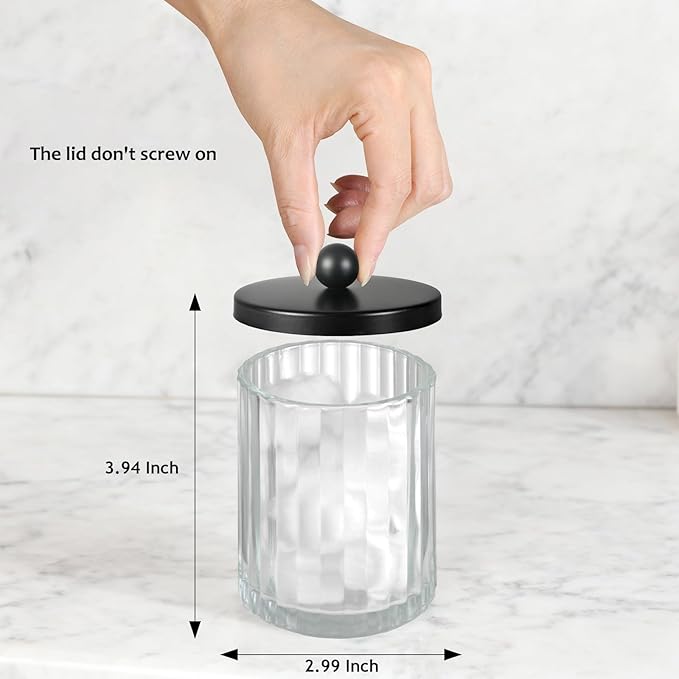 Amolliar Qtip Holder Dispenser for Cotton Swabs, Cotton Balls, Pads, Floss Picks, Clear Glass Canister Apothecary Jar, Bathroom Essential Accessories Decor, Bathroom Storage Organizer (Black, 4 Pack)