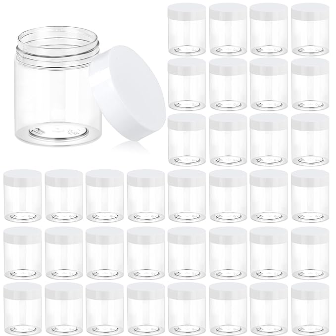 Eternal Moment 36 Pack 3 OZ Plastic Jars Round Clear Cosmetic Container Jars with White Lids, Perfect for Lotion, Slime，Cream, Ointments, Makeup, Eye Shadow, Samples, Pot, Travel Storage