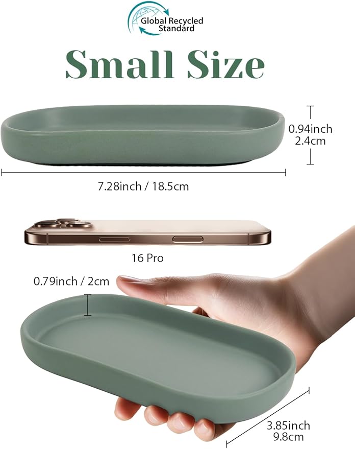 INGOFIN 7" Ceramic Bathroom Vanity Tray Set- 2 Pcs Bathroom Organizer Countertop Tray for Perfume, Jewelry, Small Kitchen Counter Soap Tray, Decorative for Bathroom Vanity and Toilet Tank, Green