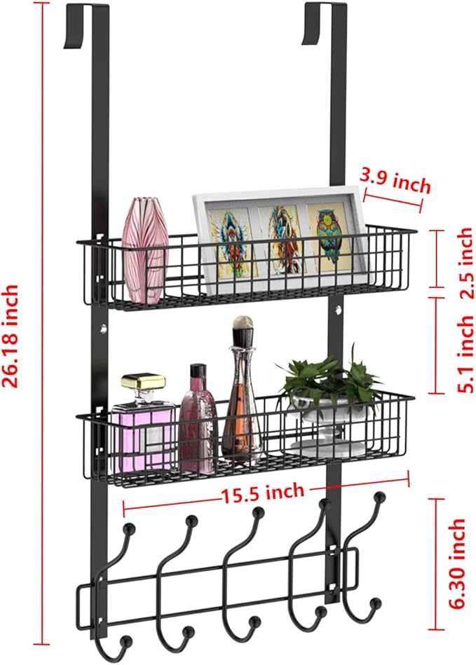 Coat Rack, Over The Door Hanger with Mesh Basket, Detachable Storage Shelf for Towels, Hats, Handbags, Coats (Black-2 Baskets)