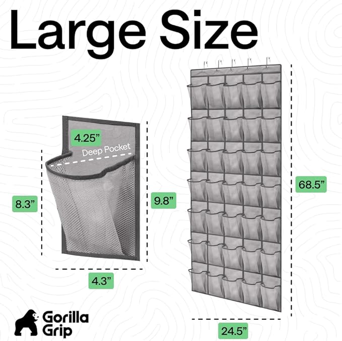GORILLA GRIP Over the Door Shoe Organizer, 35 Large Breathable Mesh Pockets, Space Saving Hanging Storage Holder, 5 Hook Closet Rack Hanger, Hangs on Closets for Shoes, Accessories 68.5H x 24.5W Gray
