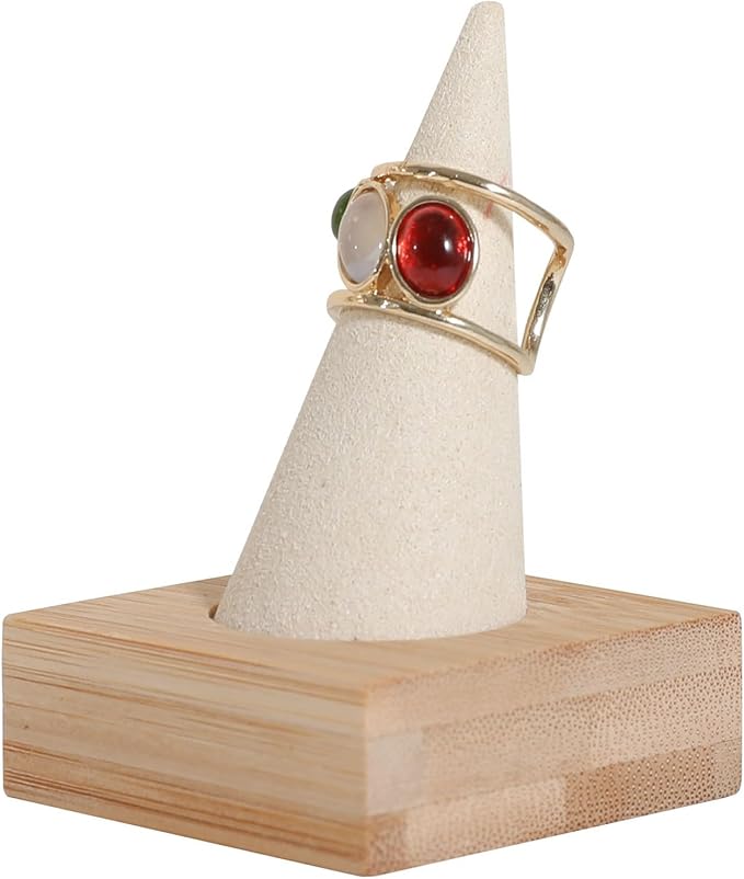 GemeShou Beige wood ring storage organizer, Velvet Jewelry ring display holder, Cute ring display stand for selling, wedding ring holder at nightstand【Beige with single cone】