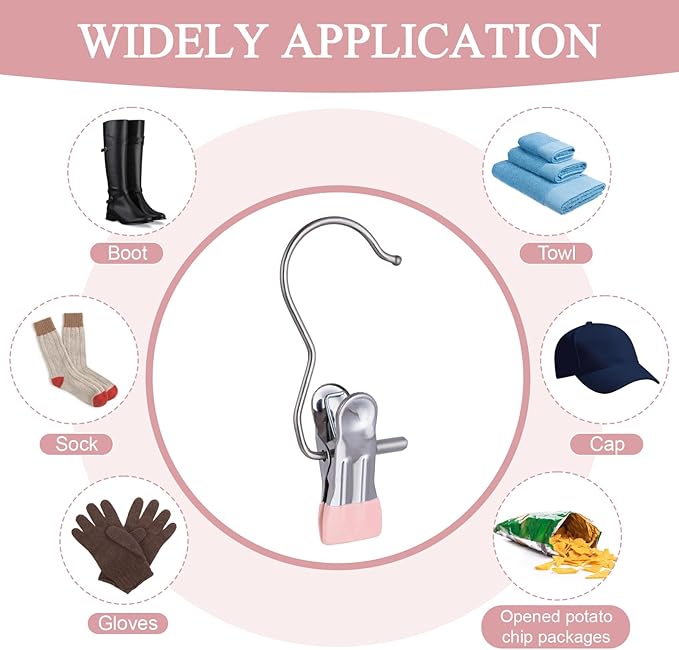 50PCS Space-Saving Clothespin, Portable 360° Rotating Stainless Steel Hanging Hook Clips Towel Clips,Laundry Hooks Hanging Clips with Clips for Home and Travel, Pink