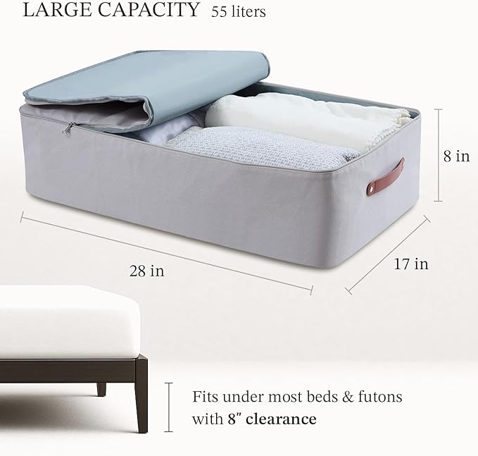 Under Bed Storage Container – Foldable Underbed Storage Bin for Clothes & Bedding, Canvas Under Bed Storage Box with Lid, Low Profile 8″ Organizer with Handles