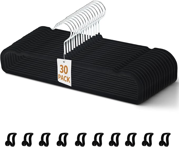 30 Pack Velvet Pant Hangers, Non Slip Thin Space Saving Trouser Hanger with 30 Hooks, 360° Swivel Hook Strong Durable Slim Clothes Hanger for Shorts, Jeans, Tank Top, Scarves